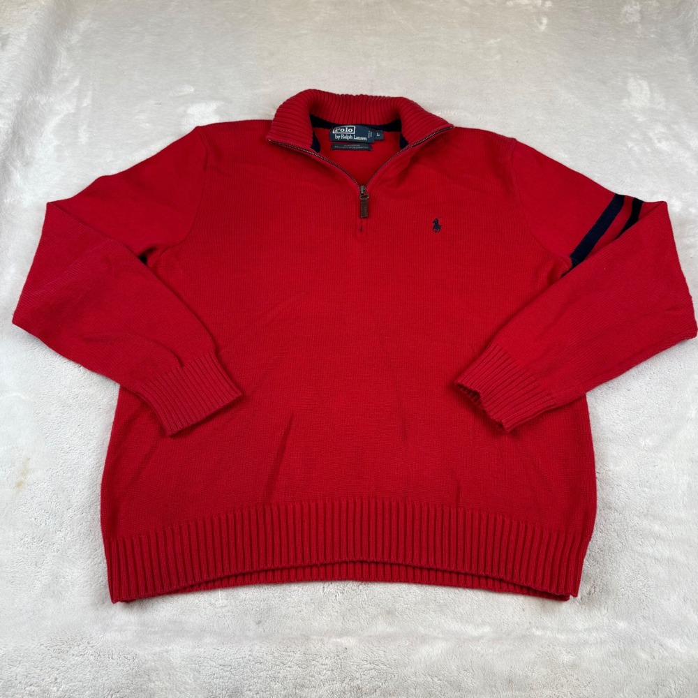 Polo Ralph Lauren Men's Red 1/4 Zip Sweater Cotton Logo Size L